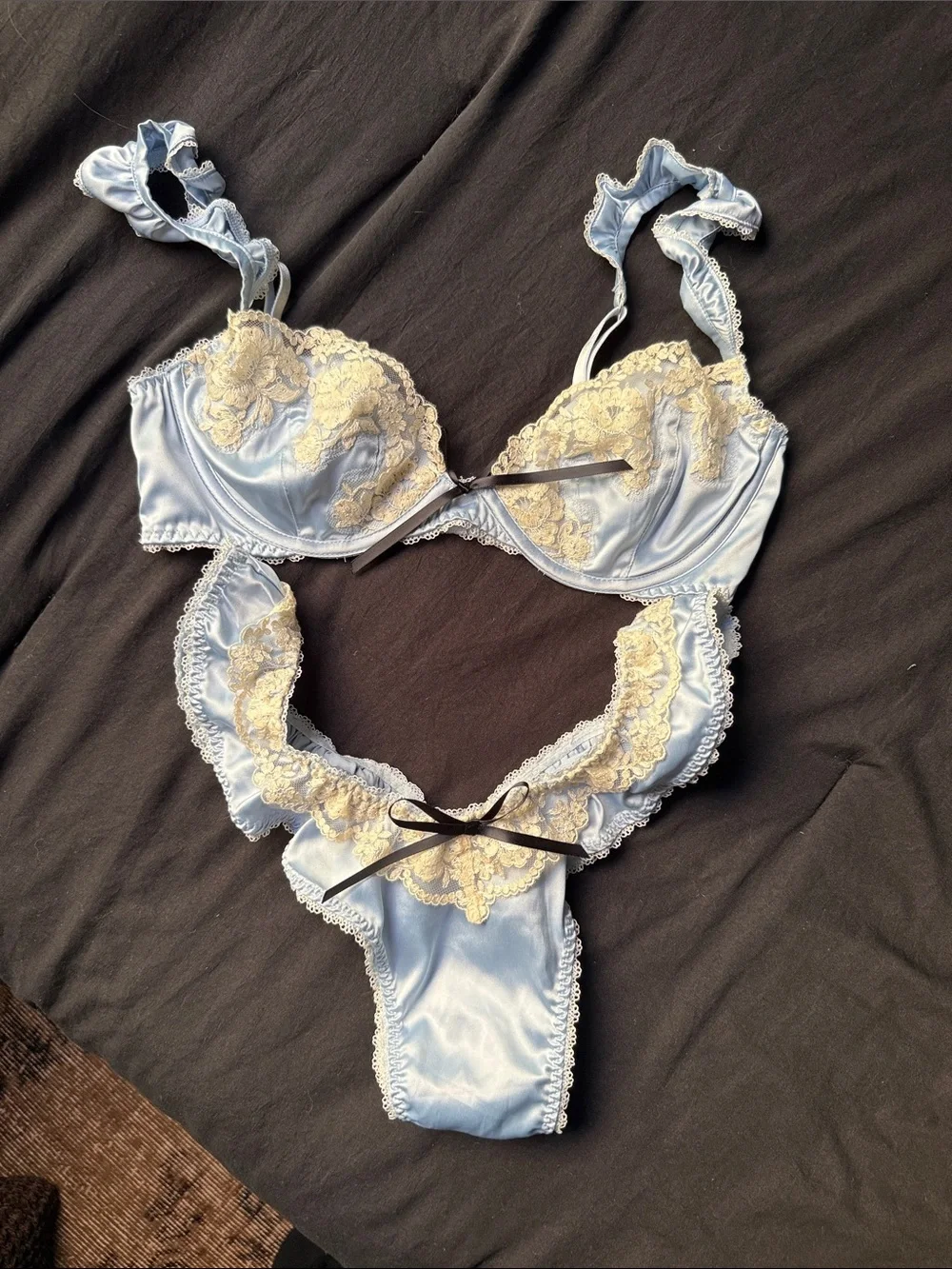 For Love & Lemons Light Blue Satin Lace Bra & panties Set with Cream Lace Trim